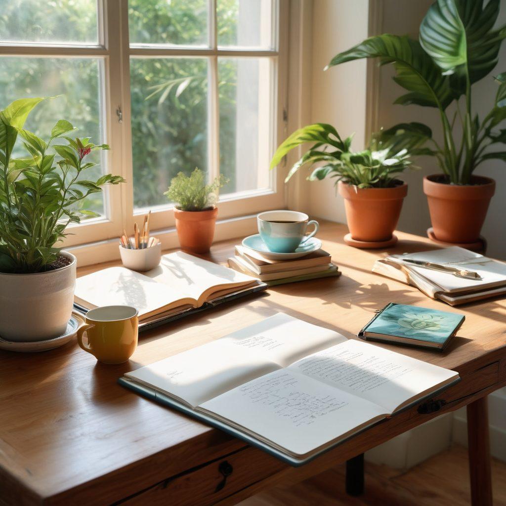 A serene workspace featuring a beautifully designed wooden desk with thoughtful organizational elements, sunlight streaming through a large window illuminating vibrant plants and art on the walls. A cup of tea and a sketchbook lie invitingly on the desk, symbolizing creativity and joy. Incorporate soft pastel colors for a calming effect. super-realistic. vibrant colors. soft lighting.