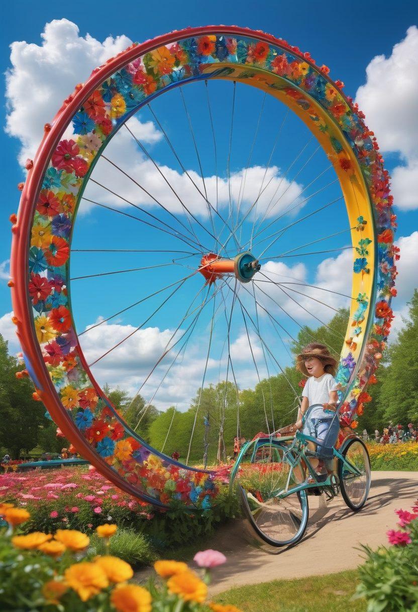 A whimsical scene of colorful bicycle wheels spinning through a sunlit park, surrounded by joyful children playing and laughing. The wheels are adorned with flowers and bright patterns, symbolizing cheer and happiness. A backdrop of blue skies and fluffy clouds adds to the joyful vibe. super-realistic. vibrant colors. cheerful atmosphere.