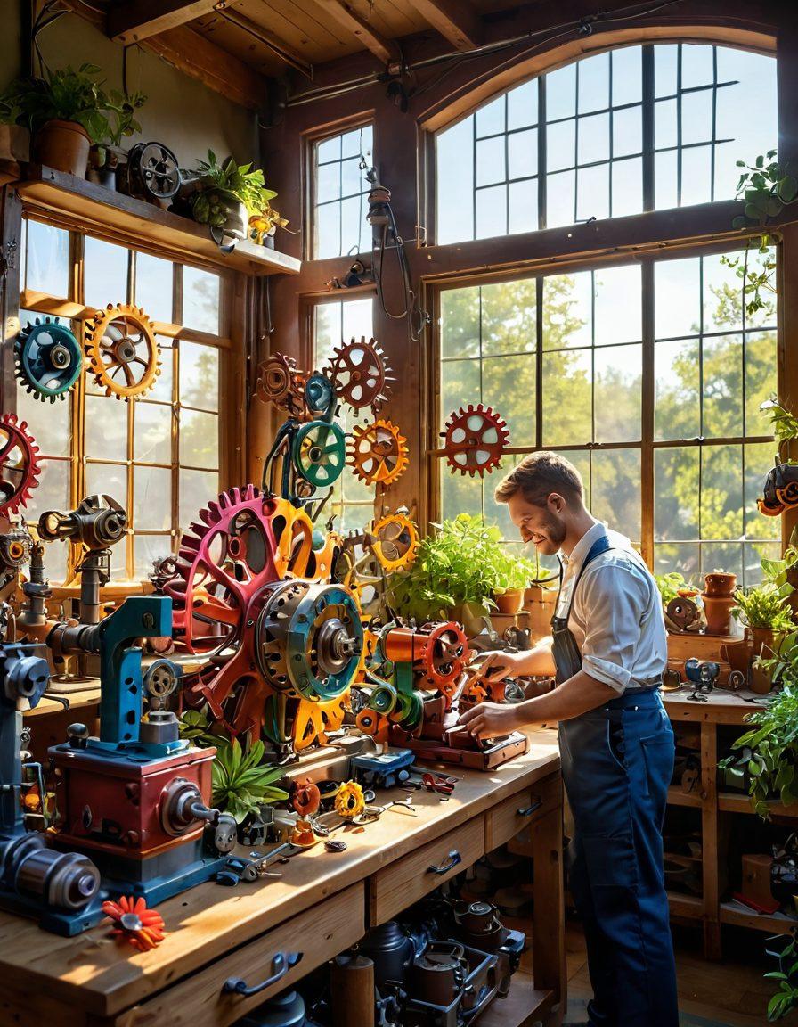 A whimsical mechanical workshop showcasing colorful gears, tools, and contraptions working together joyfully. In the foreground, a smiling engineer crafts a joyful design symbolizing happiness, with bright sunlight streaming through a window filled with plants. The scene conveys a vibrant sense of creativity and joy in mechanical design. super-realistic. vibrant colors. soft lighting.